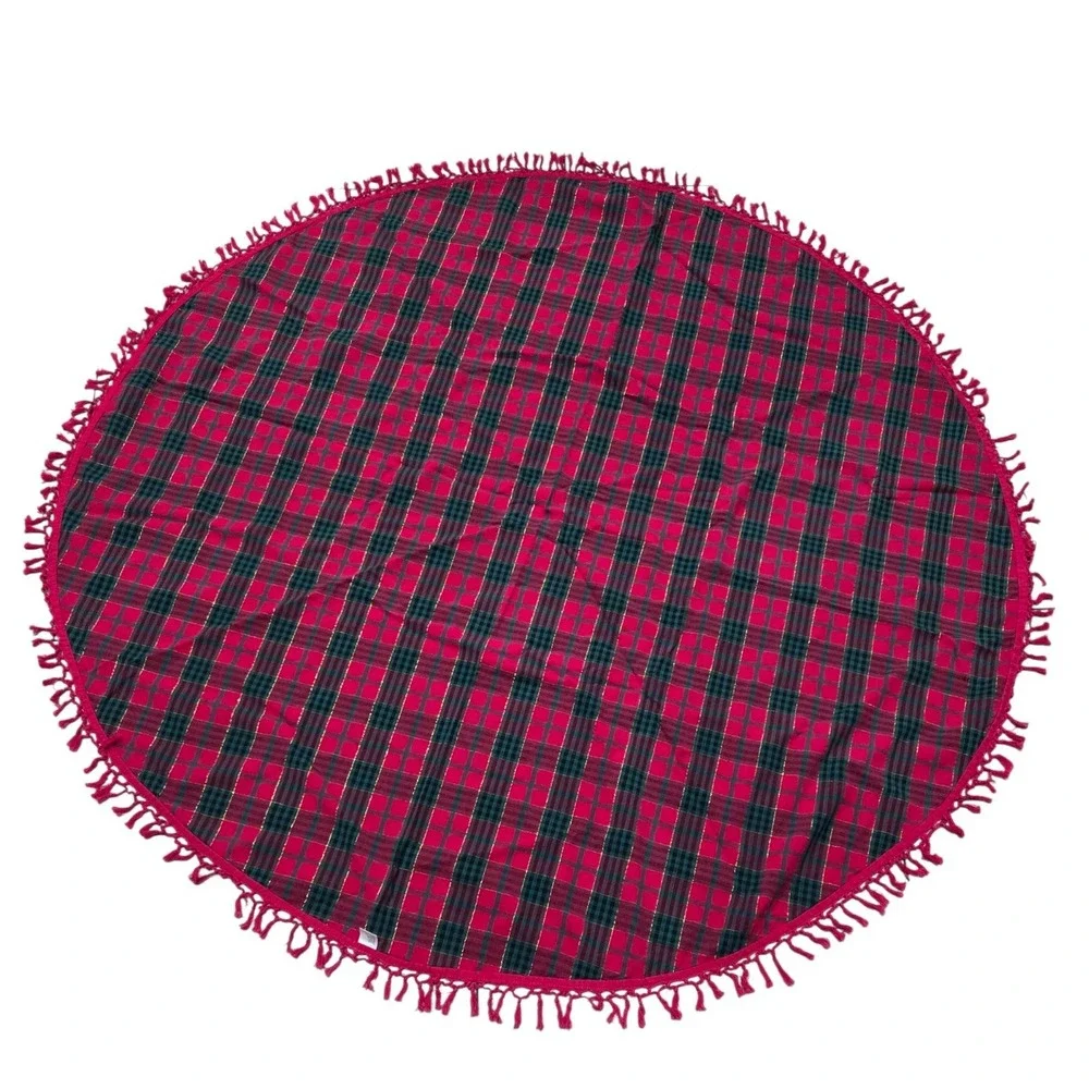Vintage Kmart Christmas Red Green Gold Tartan Plaid Round Tablecloth Fringe Trim